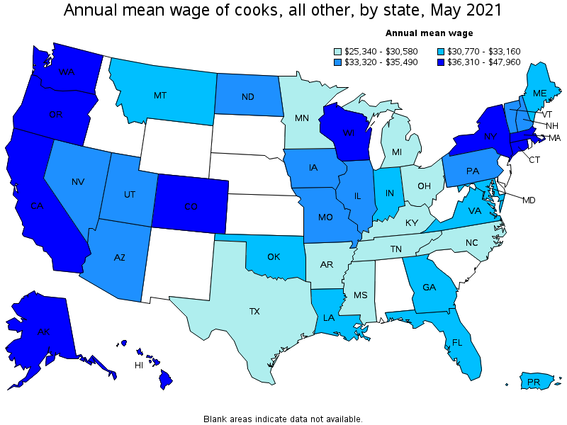 Map of annual mean wages of cooks, all other by state, May 2021