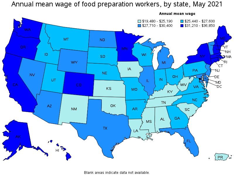 Map of annual mean wages of food preparation workers by state, May 2021