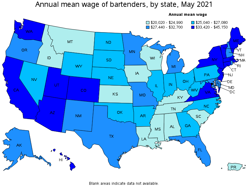 Map of annual mean wages of bartenders by state, May 2021