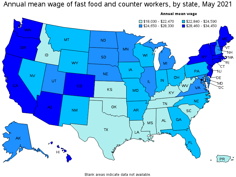 Map of annual mean wages of fast food and counter workers by state, May 2021