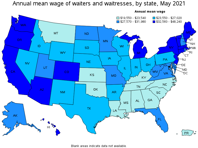 Map of annual mean wages of waiters and waitresses by state, May 2021