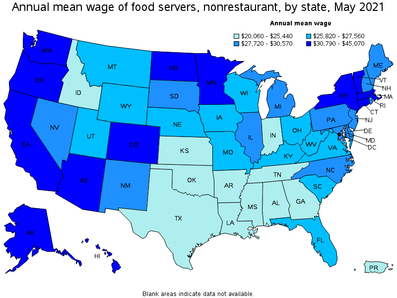 Map of annual mean wages of food servers, nonrestaurant by state, May 2021