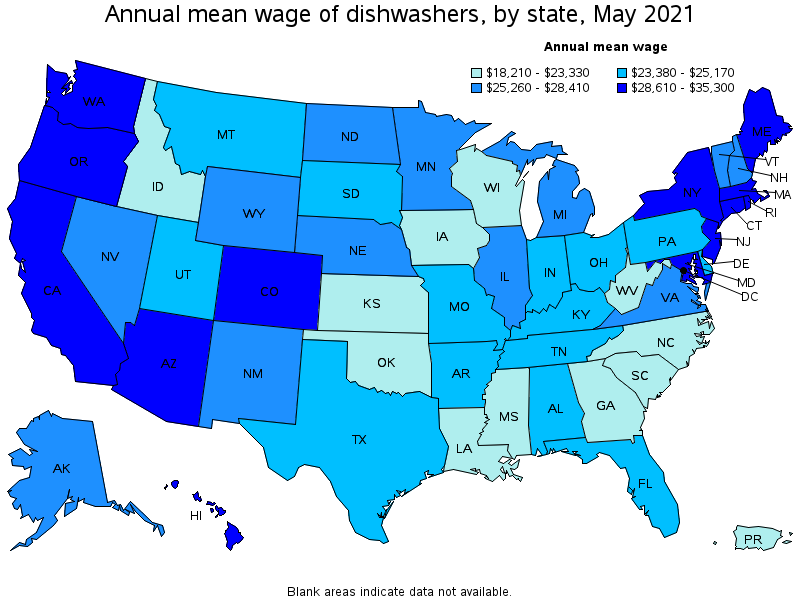 Map of annual mean wages of dishwashers by state, May 2021
