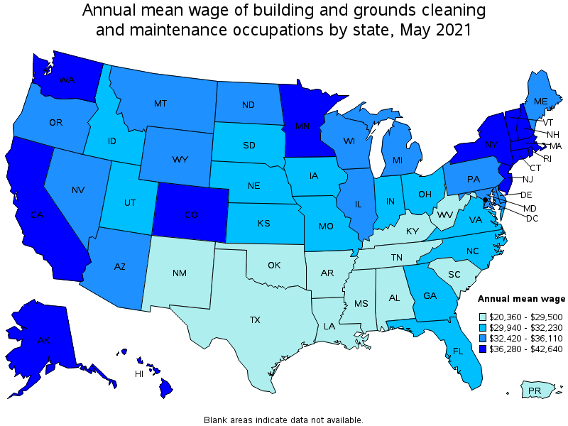 Map of annual mean wages of building and grounds cleaning and maintenance occupations by state, May 2021