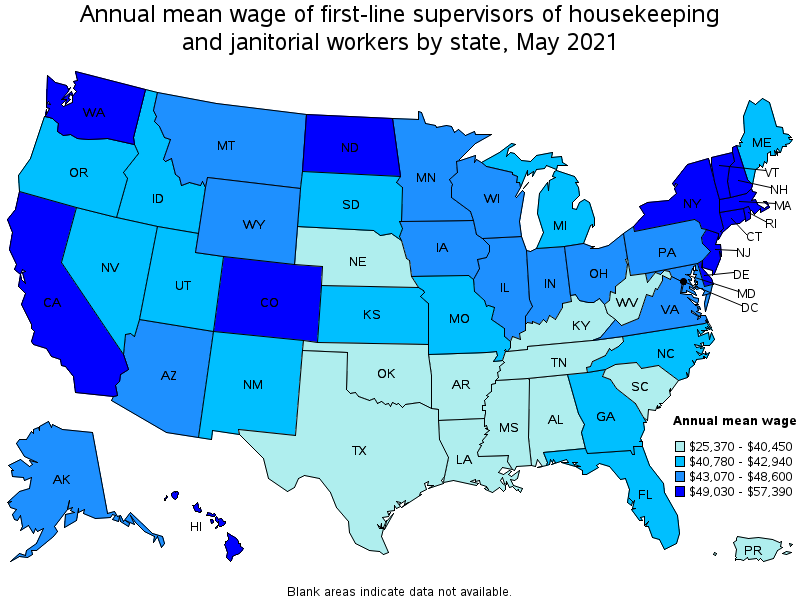 Map of annual mean wages of first-line supervisors of housekeeping and janitorial workers by state, May 2021