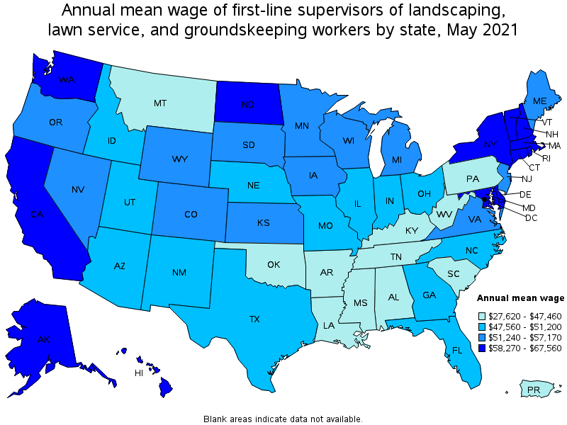 Map of annual mean wages of first-line supervisors of landscaping, lawn service, and groundskeeping workers by state, May 2021