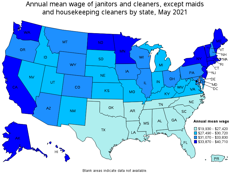 Map of annual mean wages of janitors and cleaners, except maids and housekeeping cleaners by state, May 2021