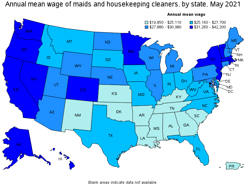 Map of annual mean wages of maids and housekeeping cleaners by state, May 2021