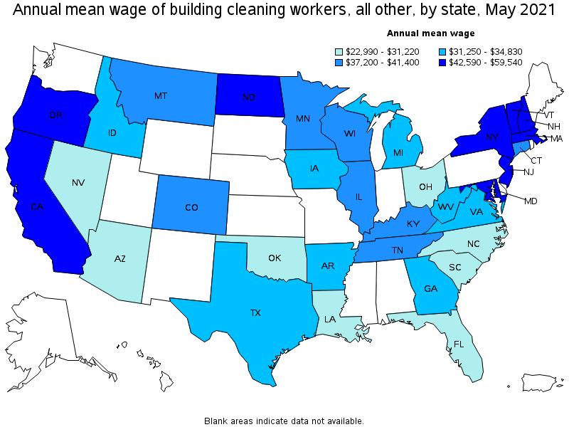 Map of annual mean wages of building cleaning workers, all other by state, May 2021