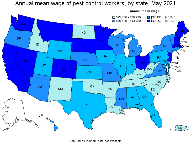 Map of annual mean wages of pest control workers by state, May 2021