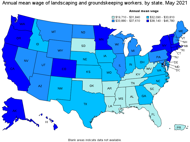 Map of annual mean wages of landscaping and groundskeeping workers by state, May 2021