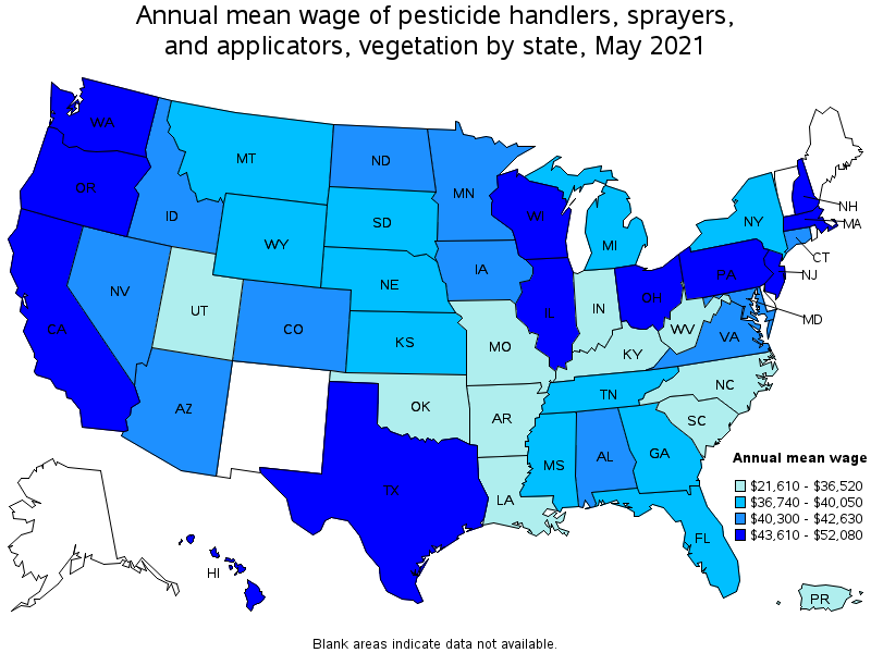 Map of annual mean wages of pesticide handlers, sprayers, and applicators, vegetation by state, May 2021