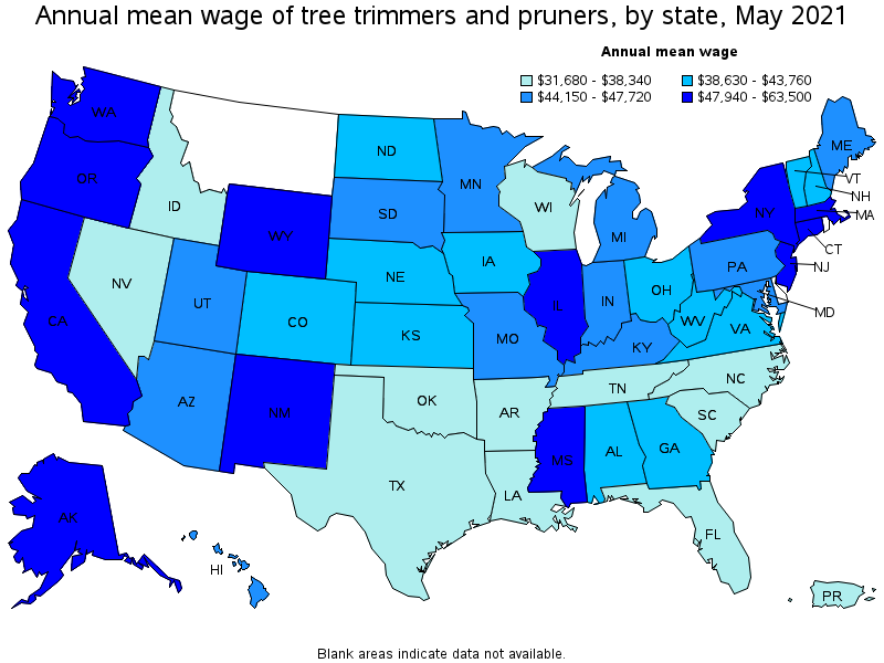 Map of annual mean wages of tree trimmers and pruners by state, May 2021