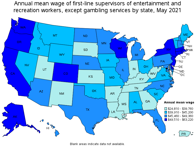 Map of annual mean wages of first-line supervisors of entertainment and recreation workers, except gambling services by state, May 2021