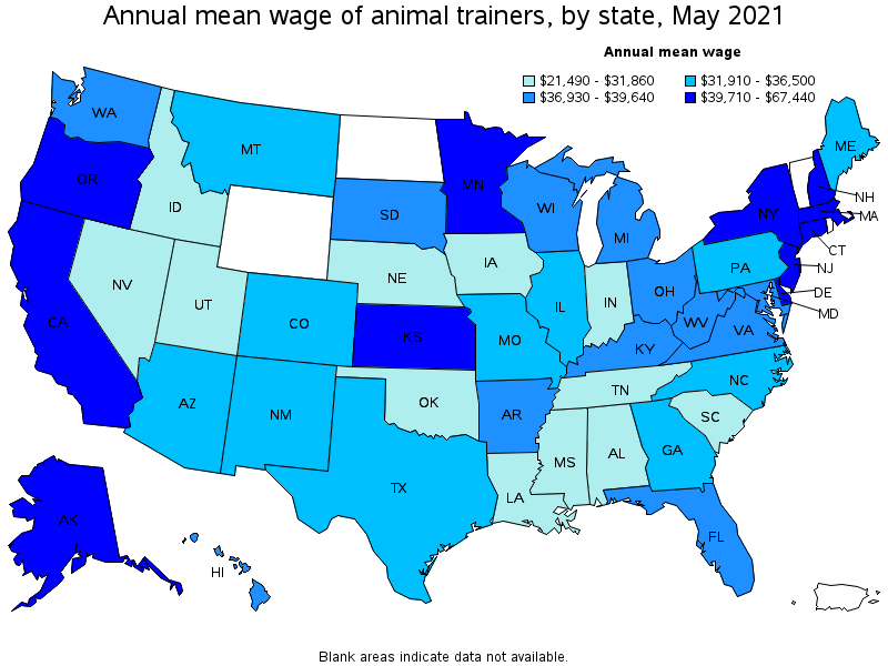 Map of annual mean wages of animal trainers by state, May 2021