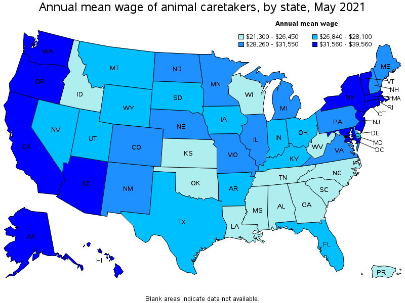 Map of annual mean wages of animal caretakers by state, May 2021
