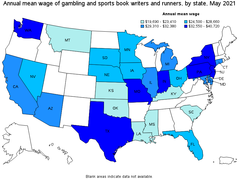 Map of annual mean wages of gambling and sports book writers and runners by state, May 2021