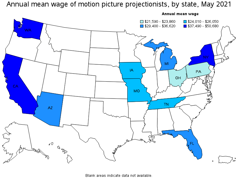 Map of annual mean wages of motion picture projectionists by state, May 2021