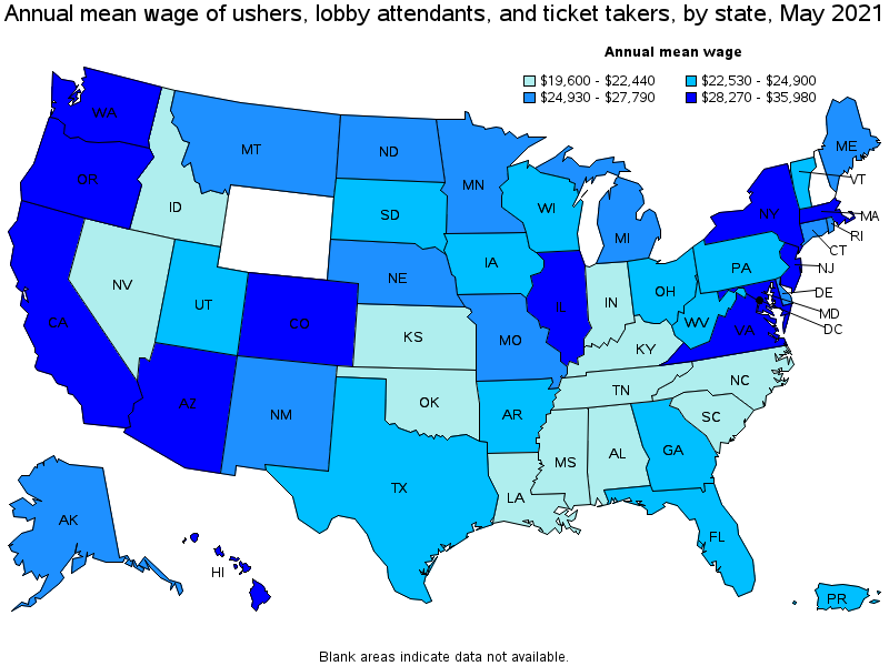 Map of annual mean wages of ushers, lobby attendants, and ticket takers by state, May 2021