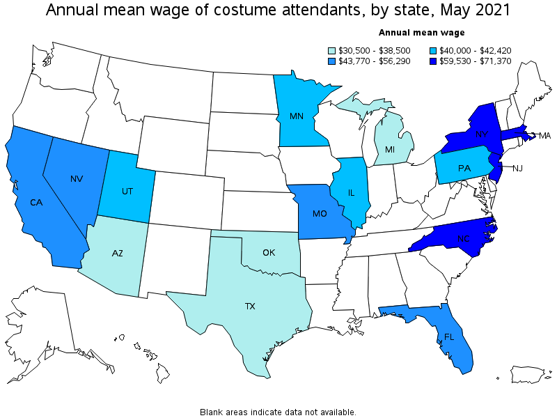 Map of annual mean wages of costume attendants by state, May 2021