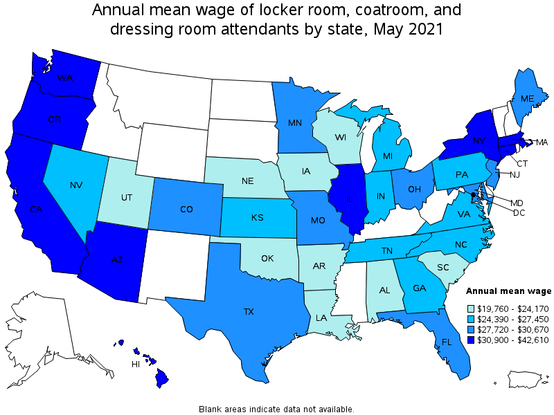 Map of annual mean wages of locker room, coatroom, and dressing room attendants by state, May 2021
