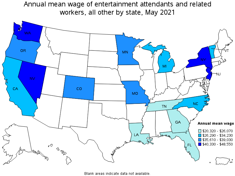 Map of annual mean wages of entertainment attendants and related workers, all other by state, May 2021
