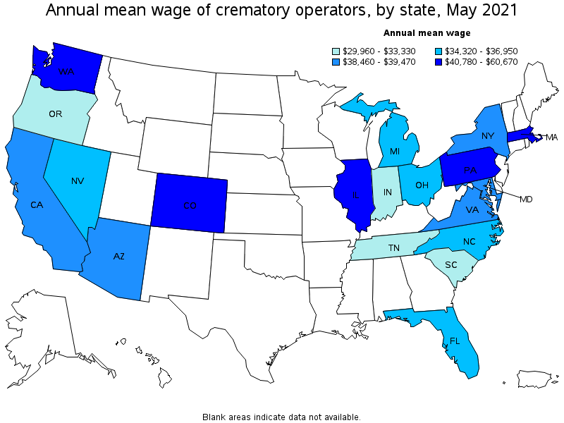 Map of annual mean wages of crematory operators by state, May 2021