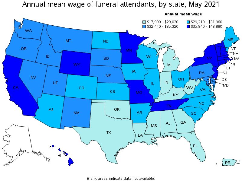 Map of annual mean wages of funeral attendants by state, May 2021