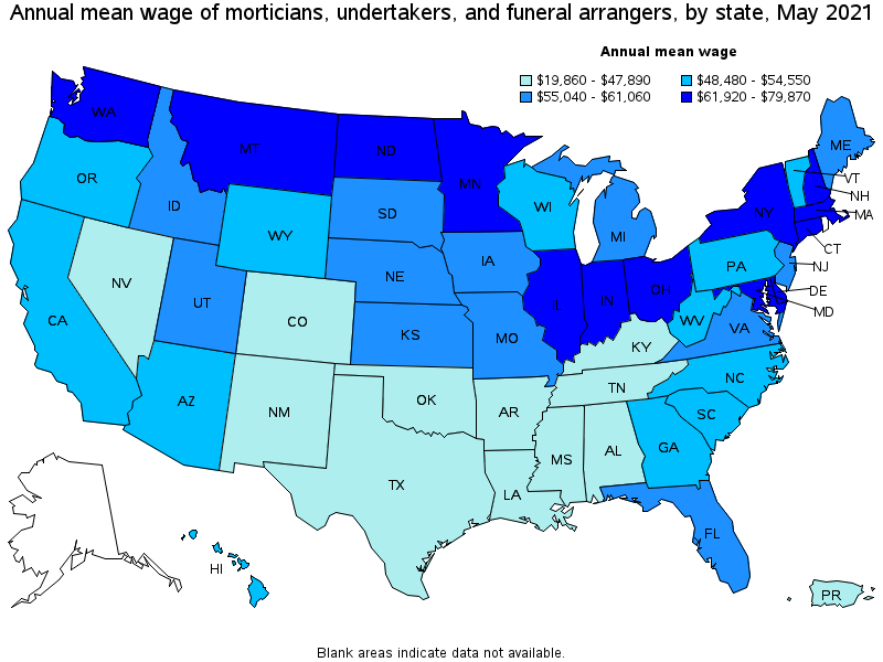 Map of annual mean wages of morticians, undertakers, and funeral arrangers by state, May 2021