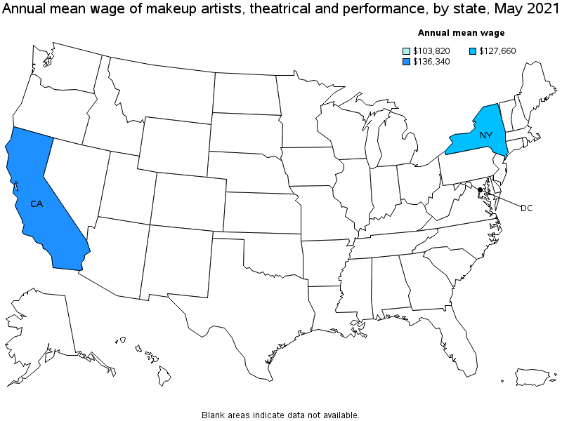 Map of annual mean wages of makeup artists, theatrical and performance by state, May 2021