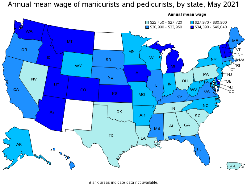 Map of annual mean wages of manicurists and pedicurists by state, May 2021