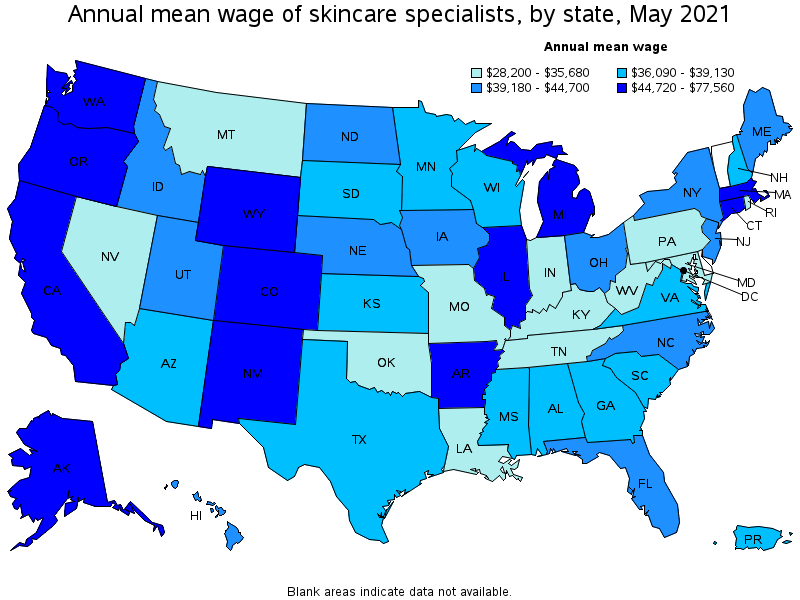 Map of annual mean wages of skincare specialists by state, May 2021
