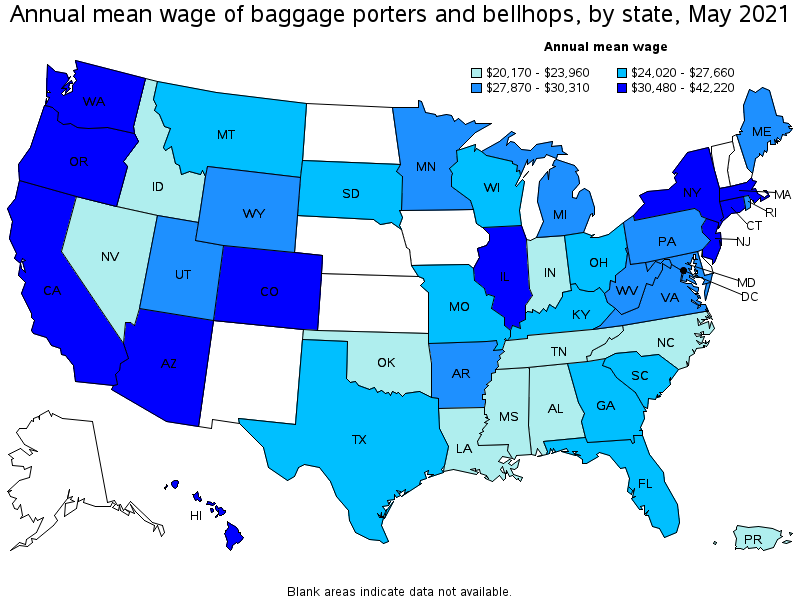 Map of annual mean wages of baggage porters and bellhops by state, May 2021