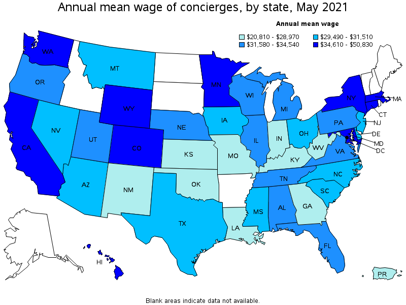Map of annual mean wages of concierges by state, May 2021