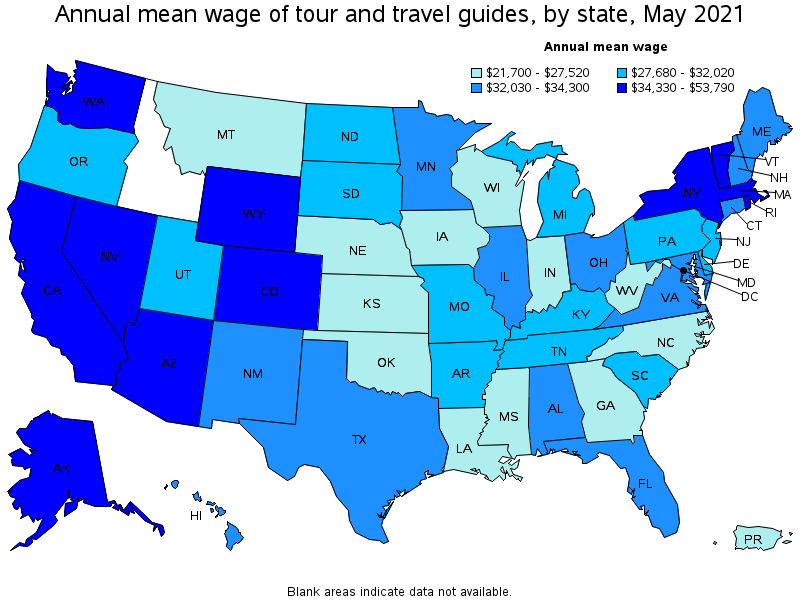 Map of annual mean wages of tour and travel guides by state, May 2021