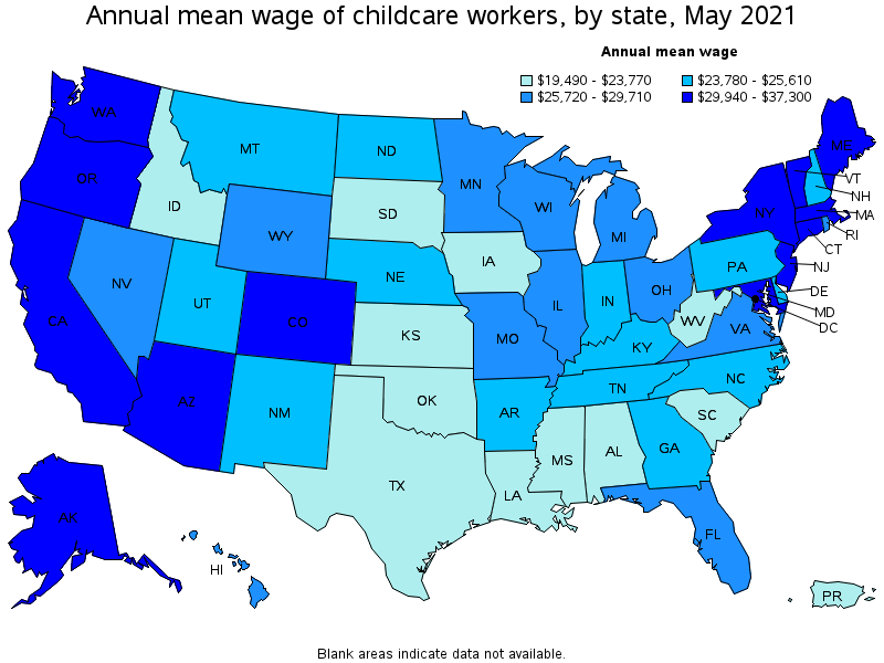 Map of annual mean wages of childcare workers by state, May 2021