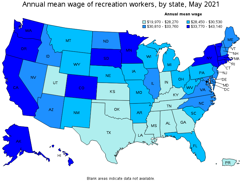 Map of annual mean wages of recreation workers by state, May 2021