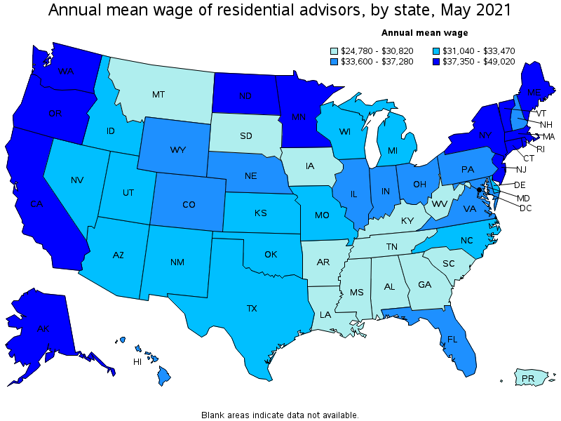 Map of annual mean wages of residential advisors by state, May 2021