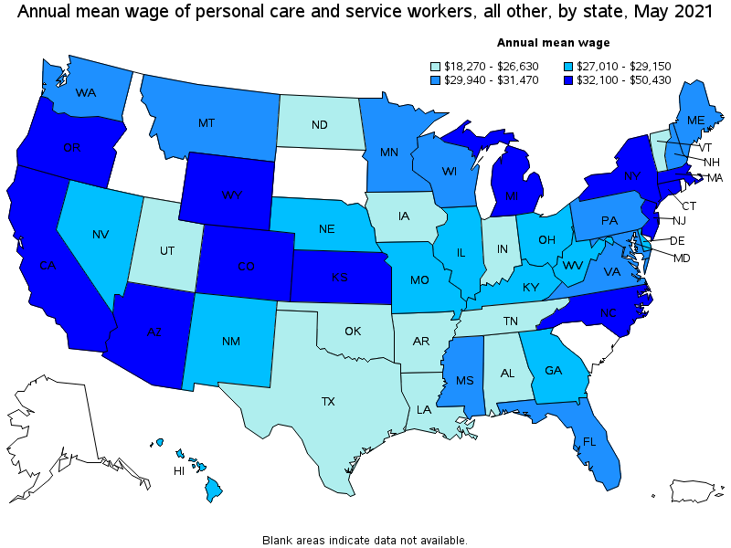 Map of annual mean wages of personal care and service workers, all other by state, May 2021