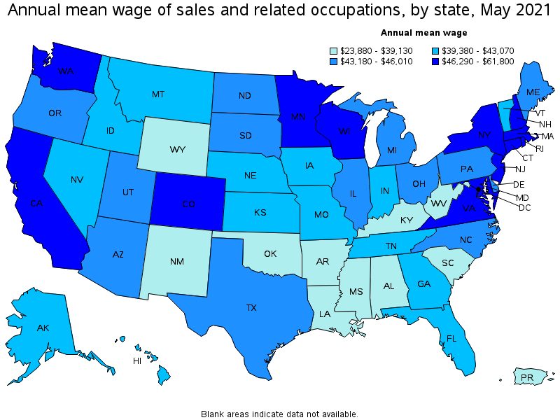 Map of annual mean wages of sales and related occupations by state, May 2021