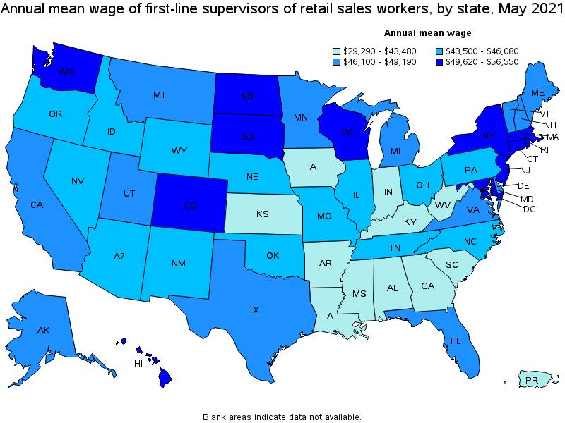 Map of annual mean wages of first-line supervisors of retail sales workers by state, May 2021