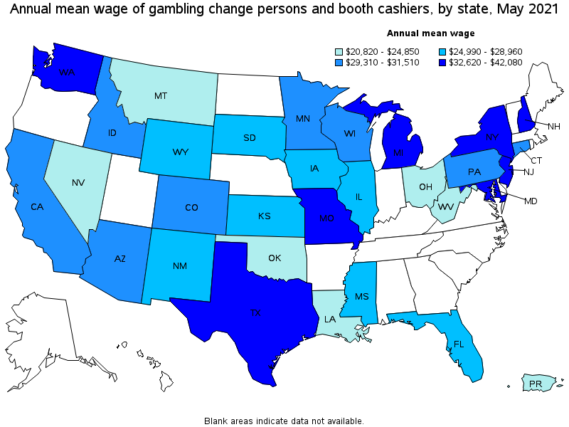 Map of annual mean wages of gambling change persons and booth cashiers by state, May 2021