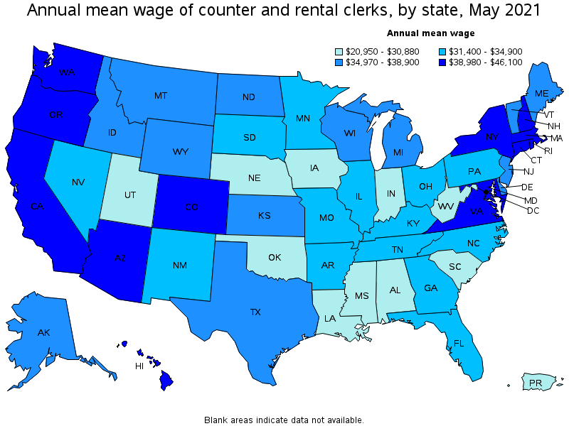 Map of annual mean wages of counter and rental clerks by state, May 2021