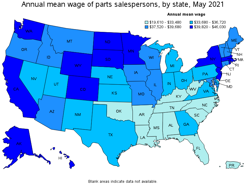 Map of annual mean wages of parts salespersons by state, May 2021