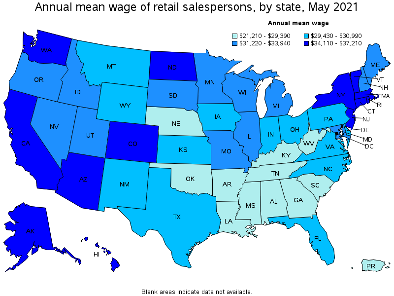Map of annual mean wages of retail salespersons by state, May 2021