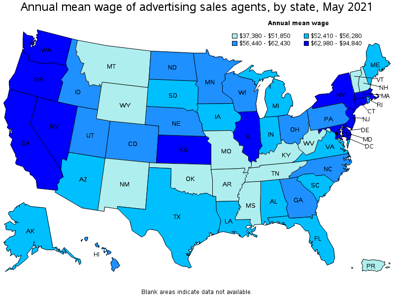 Map of annual mean wages of advertising sales agents by state, May 2021