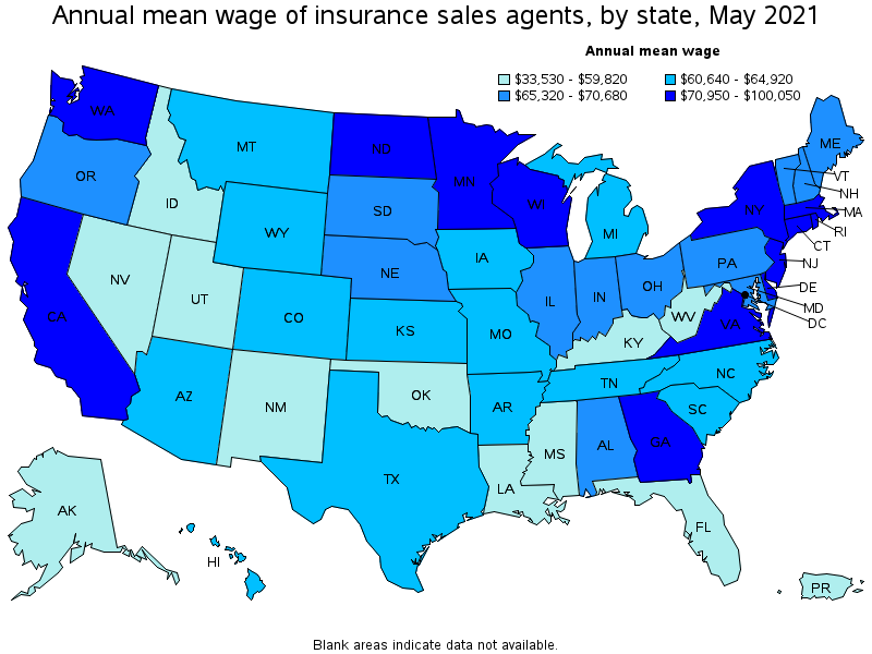 Map of annual mean wages of insurance sales agents by state, May 2021