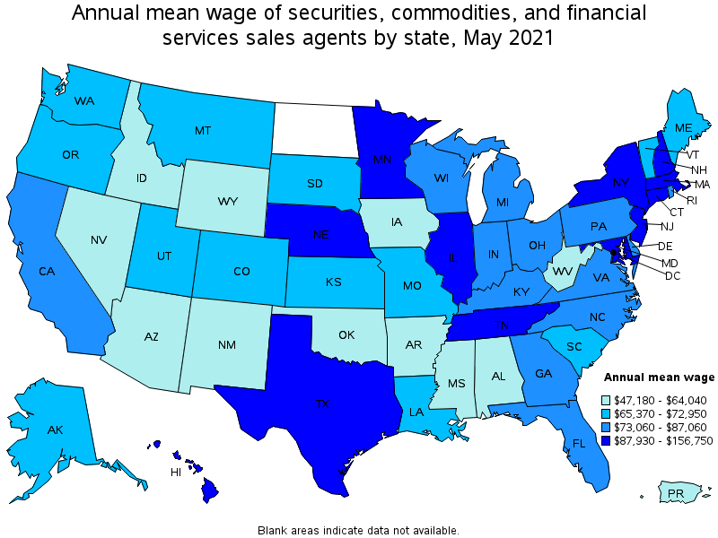 Map of annual mean wages of securities, commodities, and financial services sales agents by state, May 2021