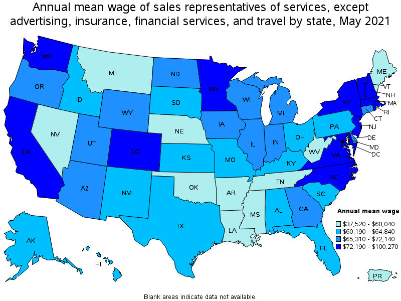 Map of annual mean wages of sales representatives of services, except advertising, insurance, financial services, and travel by state, May 2021