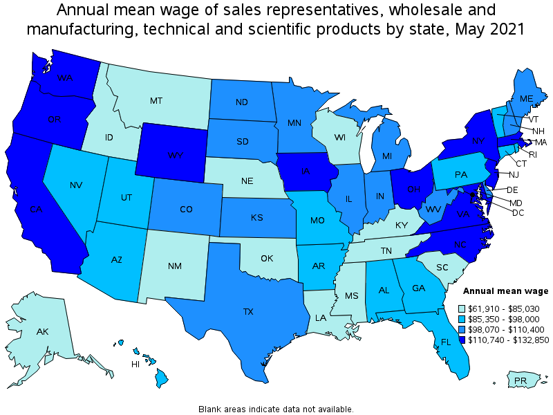 Map of annual mean wages of sales representatives, wholesale and manufacturing, technical and scientific products by state, May 2021
